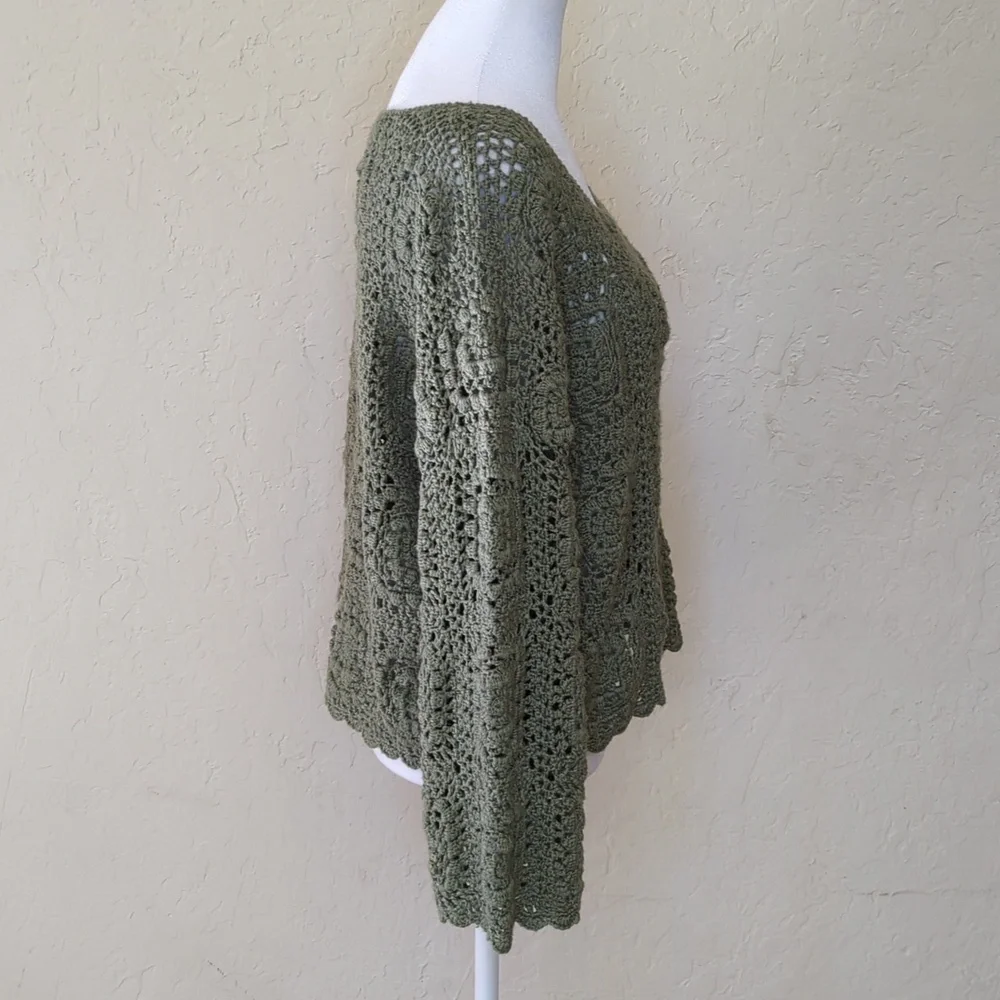 Zara Moss Green Limited Edition Crocheted Scoop Neck Sweater Size Small
